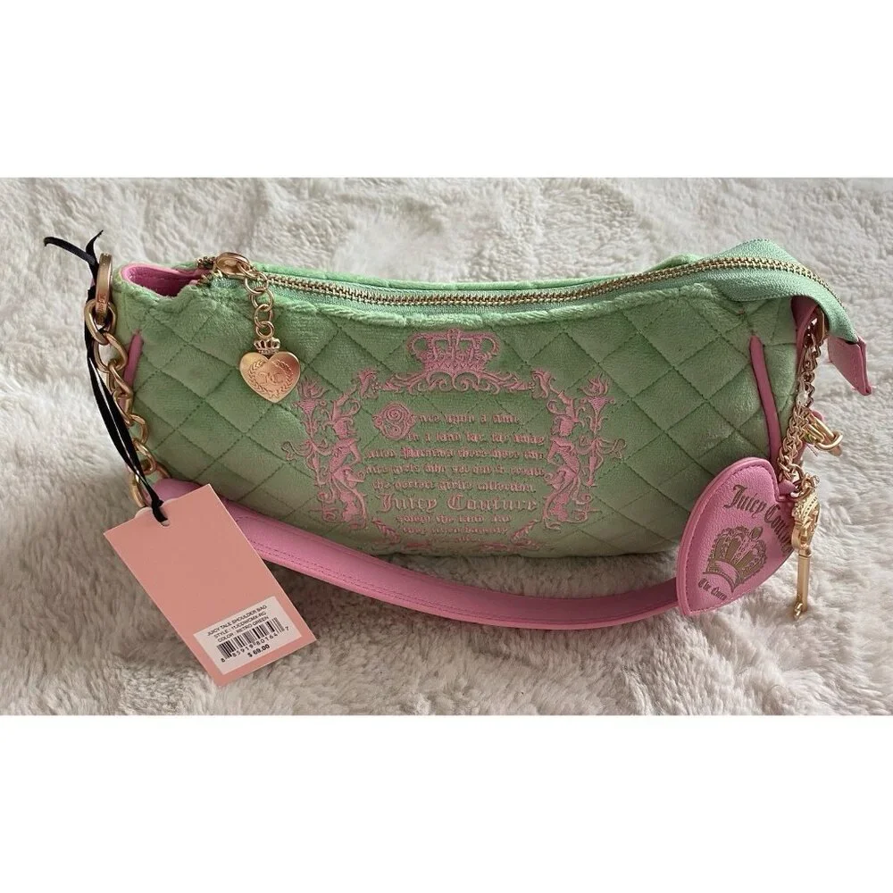 Juicy Couture Juicy Tale Shoulder Bag Retro Green Pink Quilted Bag Purse NEW - Picture 6 of 16